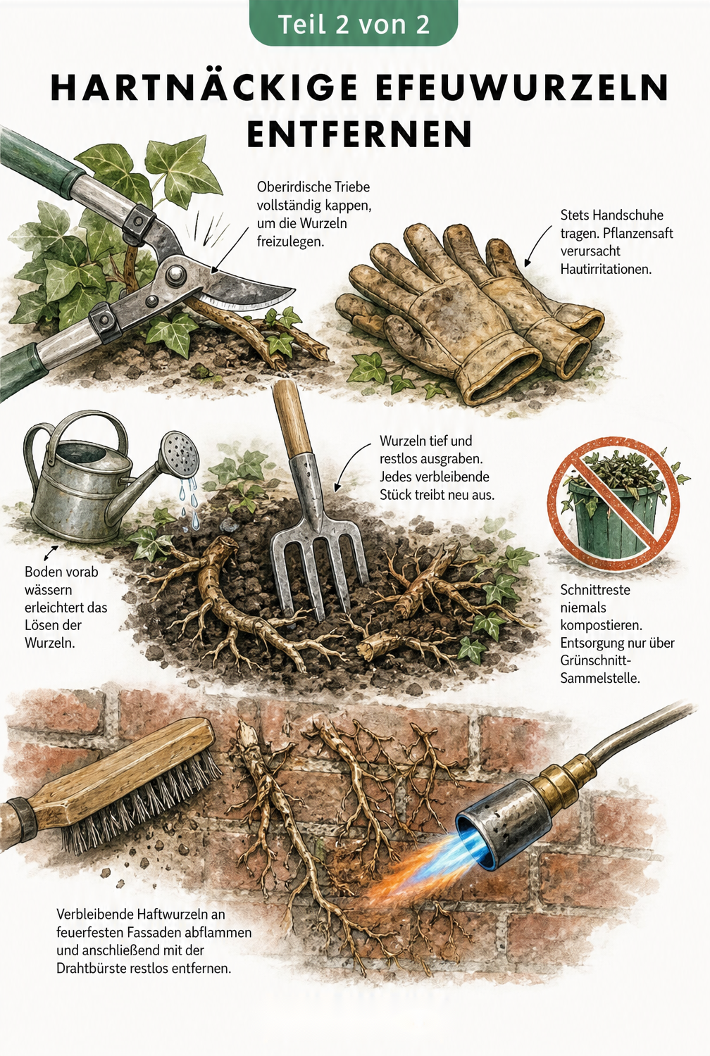 Illustrierte Anleitung zum Entfernen von Efeuwurzeln: Triebe kappen, Wurzeln ausgraben und Mauerreste abflammen.