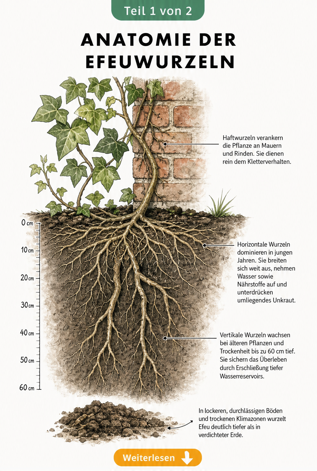 Botanische Querschnitt-Illustration einer Efeupflanze an einer Ziegelmauer, die das oberirdische und unterirdische Wurzelsystem bis 60 cm Tiefe zeigt.