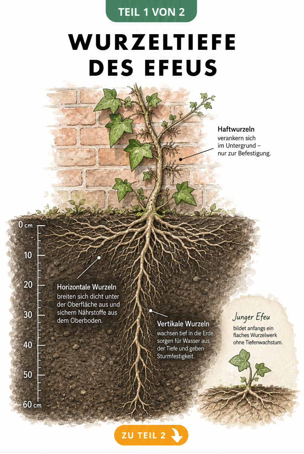 Botanische Querschnitt-Darstellung der Efeu-Wurzeln mit horizontalen und vertikalen Strängen bis 60 cm Tiefe