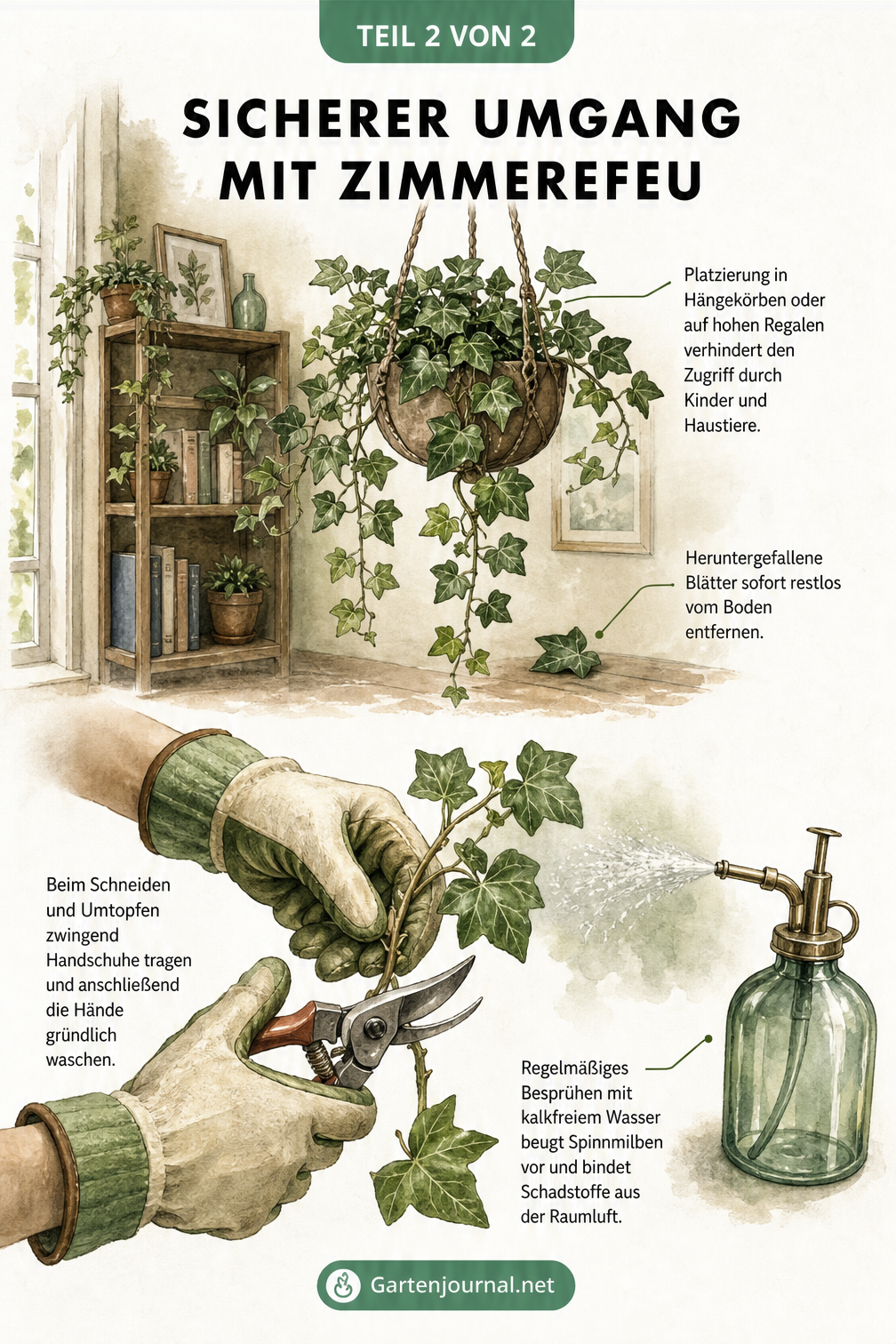 Illustration zur sicheren Pflege von Zimmerefeu mit Blumenampel, Handschuhen beim Schneiden und Besprühen der Blätter