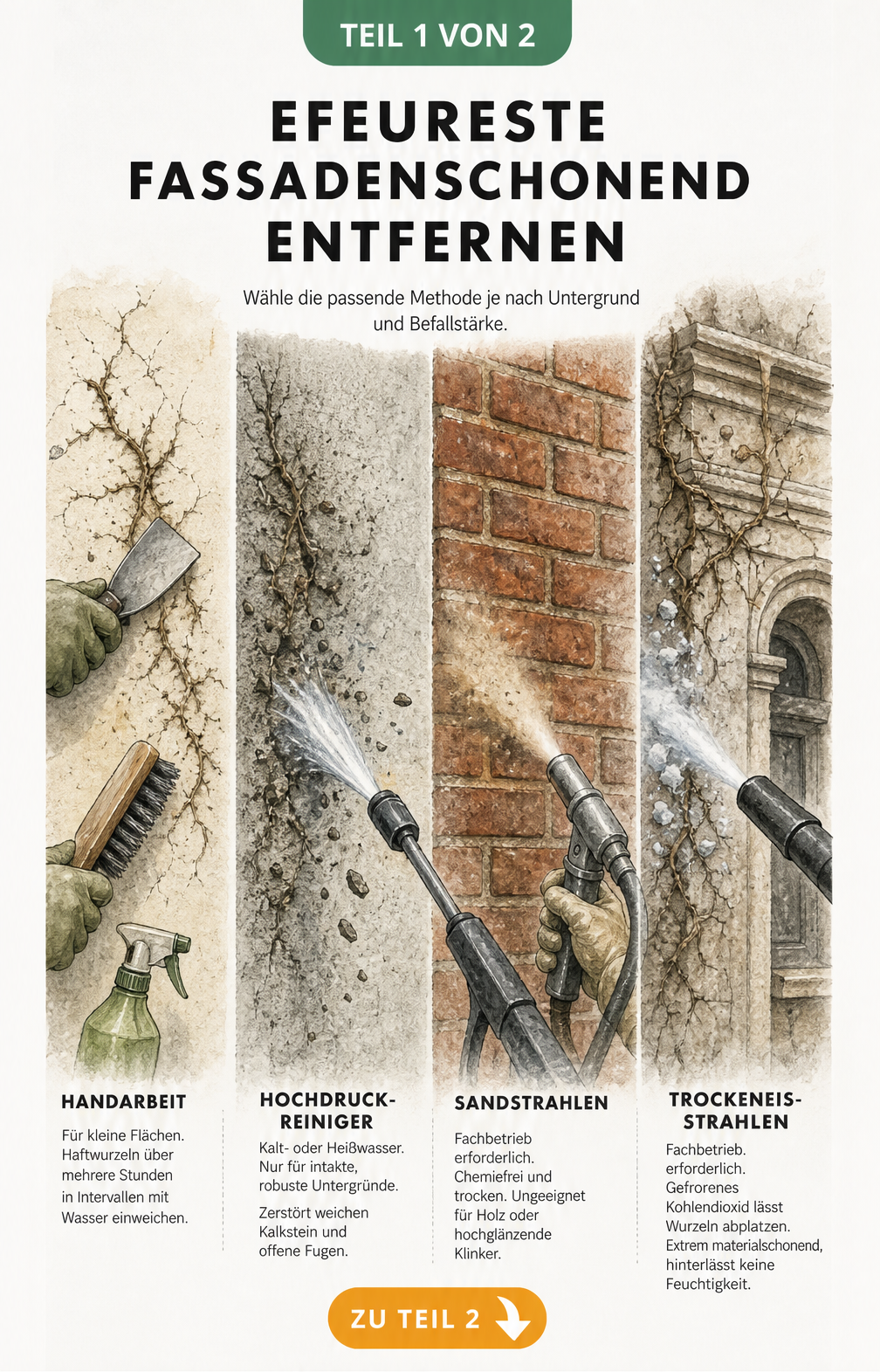 Handgezeichnete Architektur-Schnittzeichnung zeigt vier Methoden zur Entfernung von Efeuresten an verschiedenen Fassaden: Handarbeit, Hochdruckreiniger,...