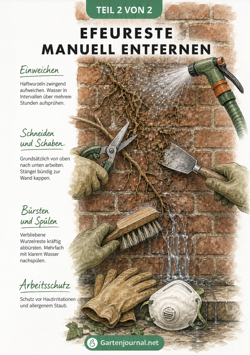 Detaillierte Illustration einer Ziegelmauer, die den manuellen Prozess der Efeuentfernung zeigt: Einweichen, Schneiden, Schaben, Bürsten und Spülen sowie den...