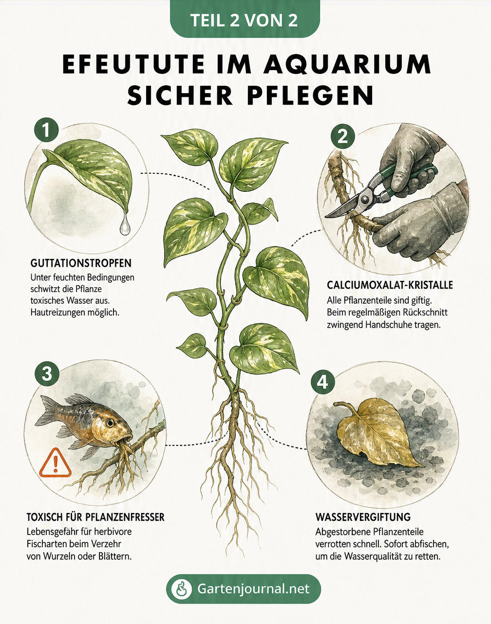 Botanik-Tafel mit Warnhinweisen zur Pflege der Efeutute im Aquarium, wie giftige Pflanzenteile und Wasservergiftung