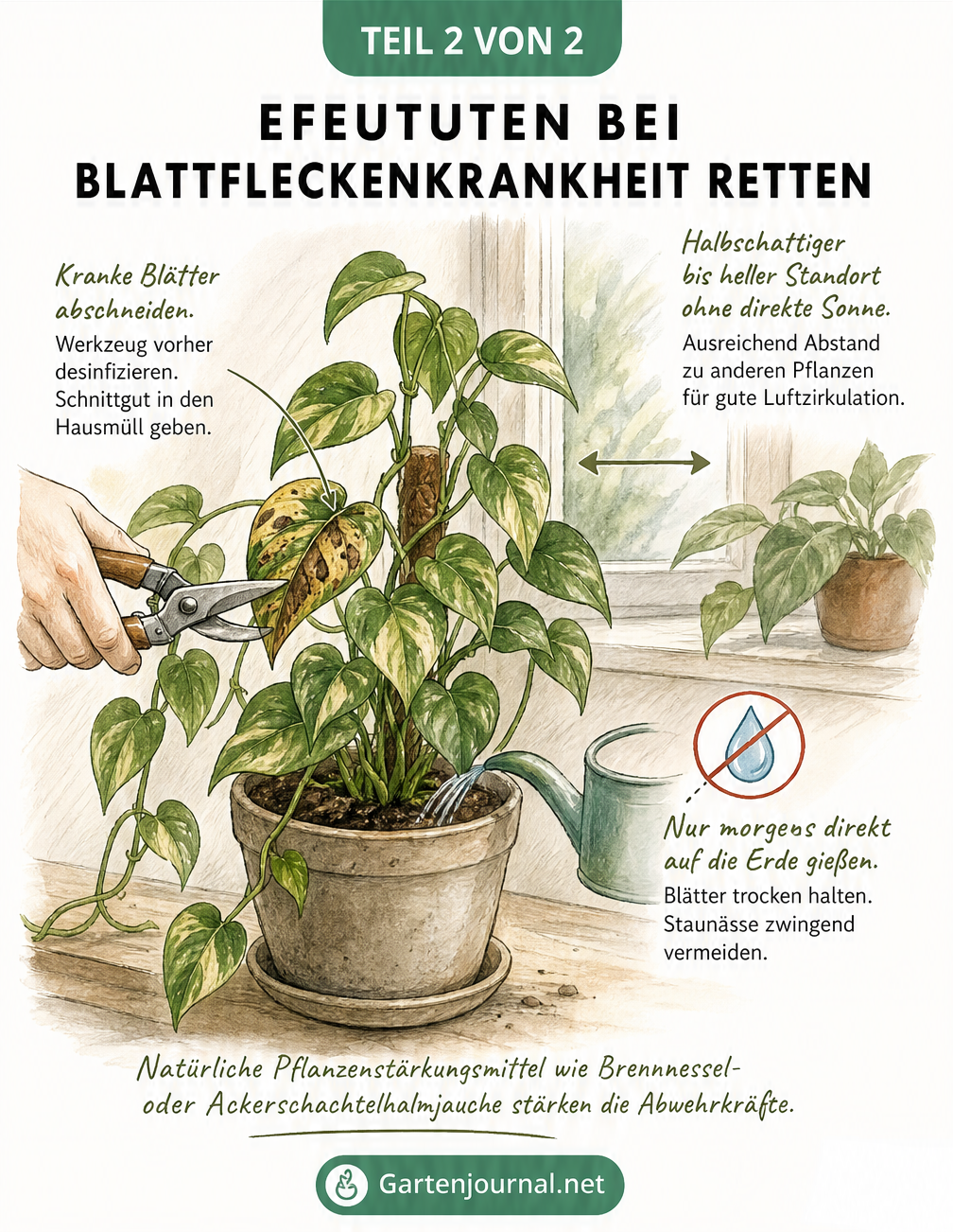 Handgezeichnete Szene einer Efeutute auf der Fensterbank mit Tipps zur Bekämpfung der Blattfleckenkrankheit: kranke Blätter abschneiden, nur auf die Erde...