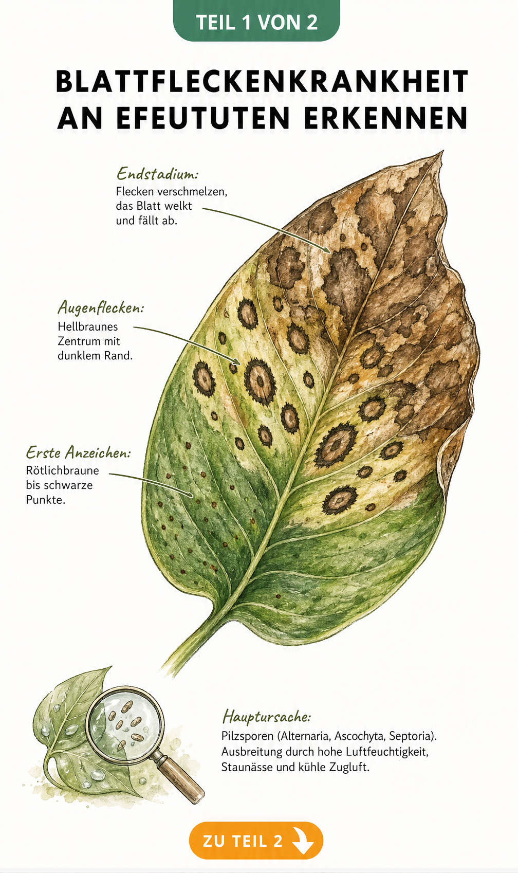 Botanische Illustration eines Efeututen-Blattes, das die drei Stadien der Blattfleckenkrankheit zeigt: von kleinen rötlichbraunen Punkten über Augenflecken bis...