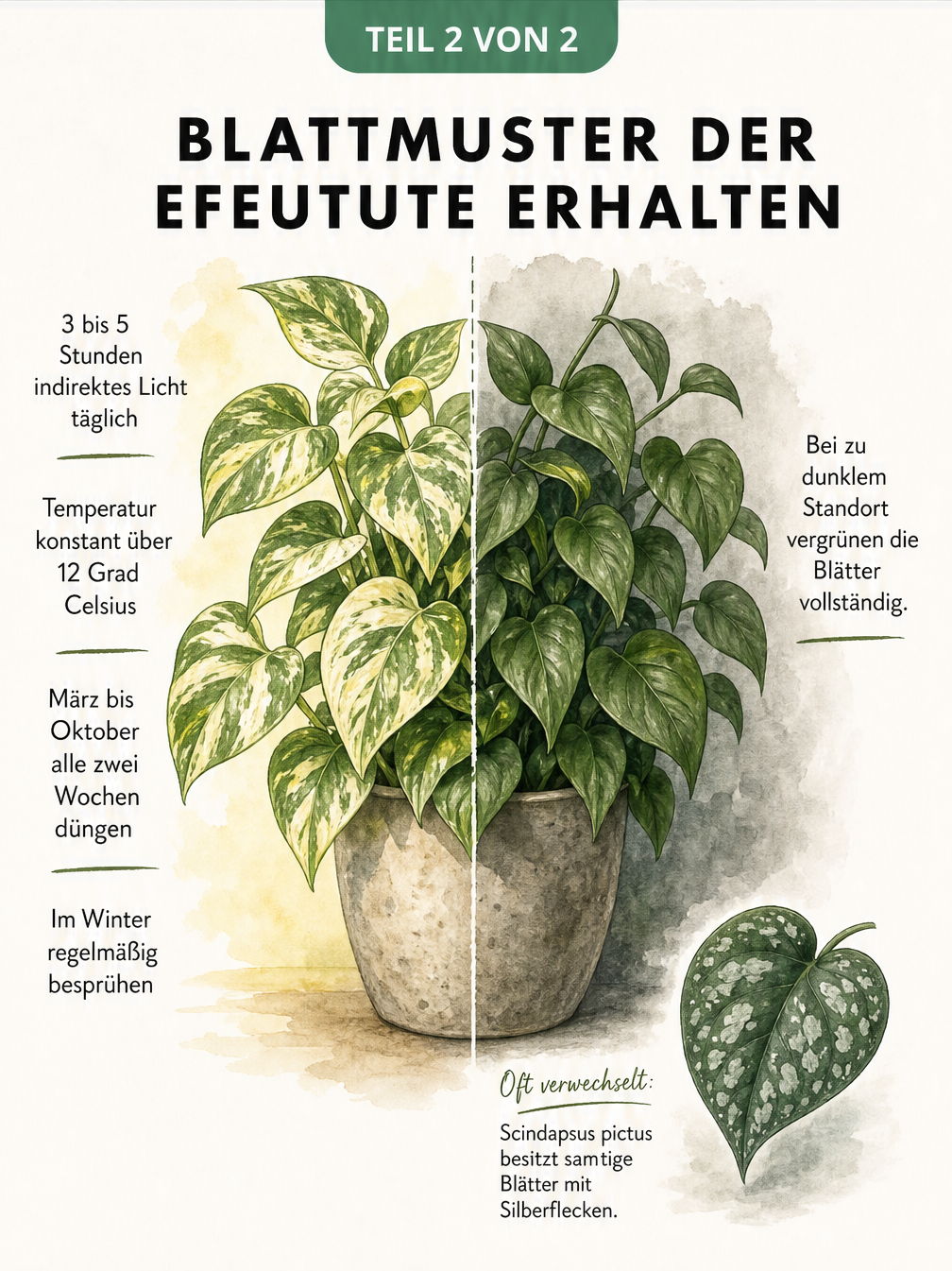 Illustration einer Efeutute, die links bei gutem Licht panaschierte Blätter und rechts im Schatten vergrünte Blätter zeigt
