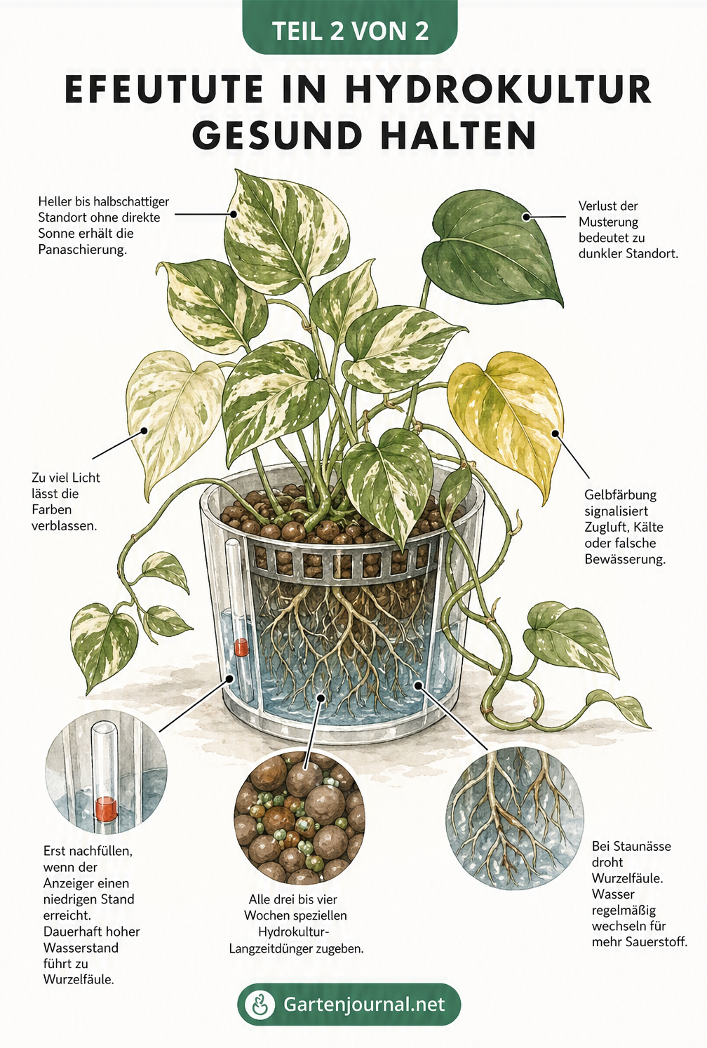 Illustration einer Efeutute Marble Queen mit Pflegehinweisen zu Licht, Wasserstand und Düngung in Hydrokultur