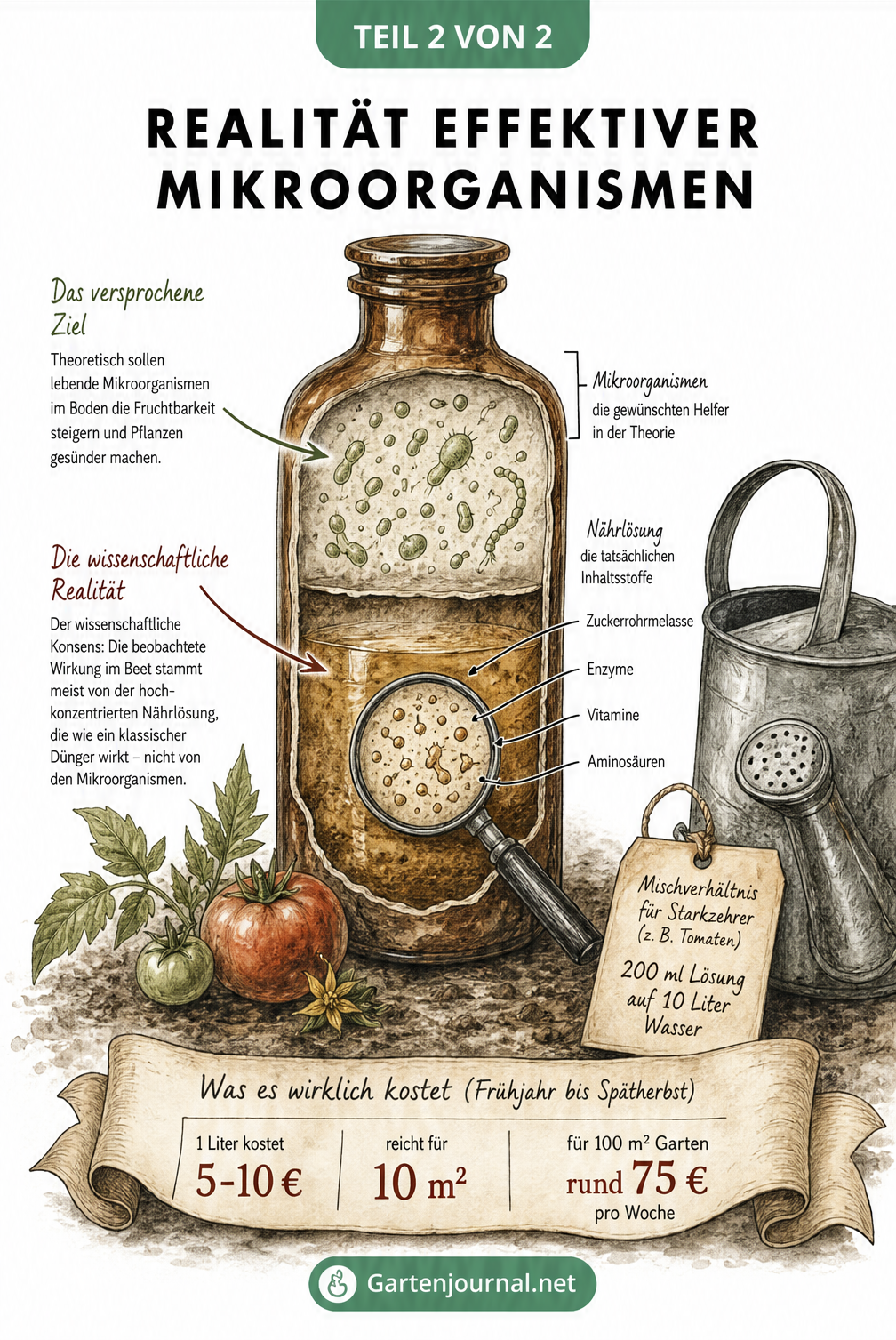 Apothekerflasche im Beet, die in der Mitte aufgebrochen ist und die Inhaltsstoffe der Nährlösung wie Zuckerrohrmelasse, Enzyme und Vitamine zeigt.