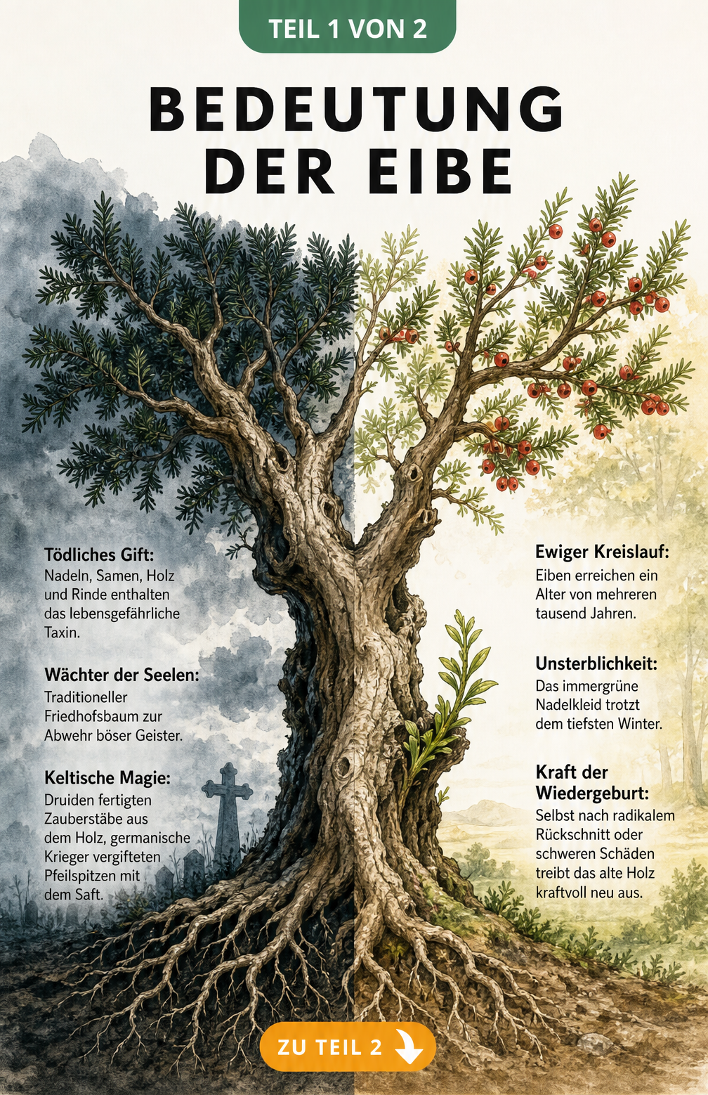 Illustration einer Eibe, die die Dualität von Tod und Wiedergeburt zeigt: links dunkle Wurzeln und giftige Nadeln, rechts leuchtend rote Früchte und frische...