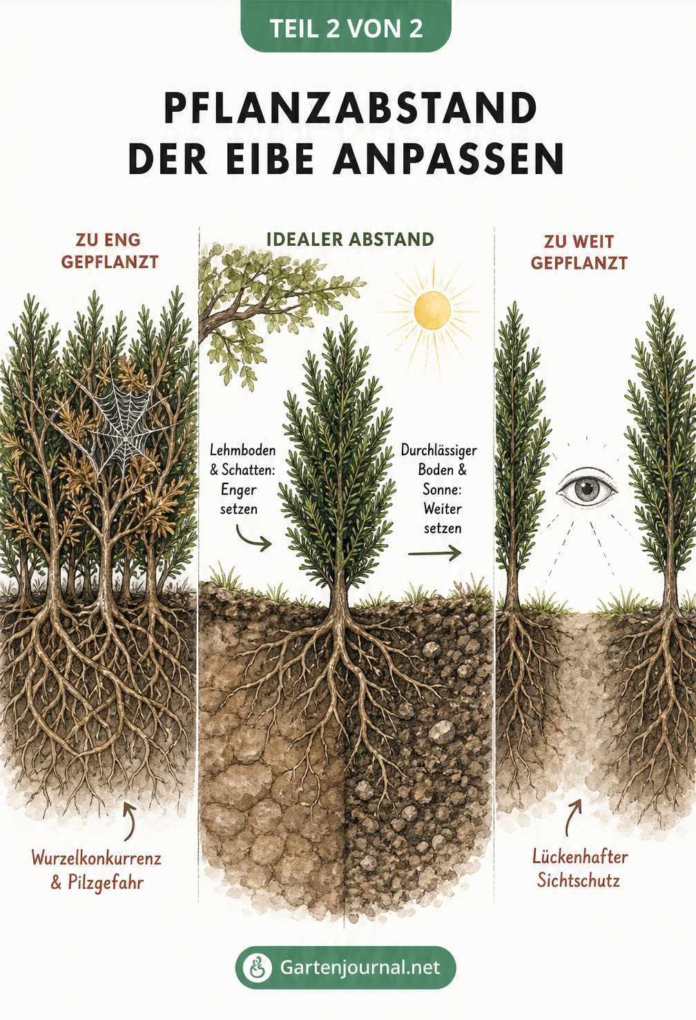 Zeichnung von Eibenwurzeln und Ästen, die die Auswirkungen von zu engem und zu weitem Pflanzabstand sowie den Einfluss von Boden und Licht zeigt
