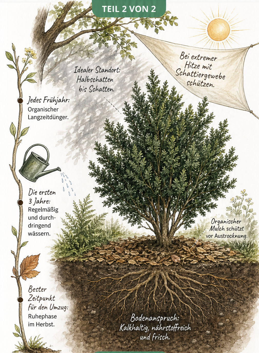 Illustration einer umgepflanzten Eibe im Halbschatten mit Mulchschicht und Pflegehinweisen