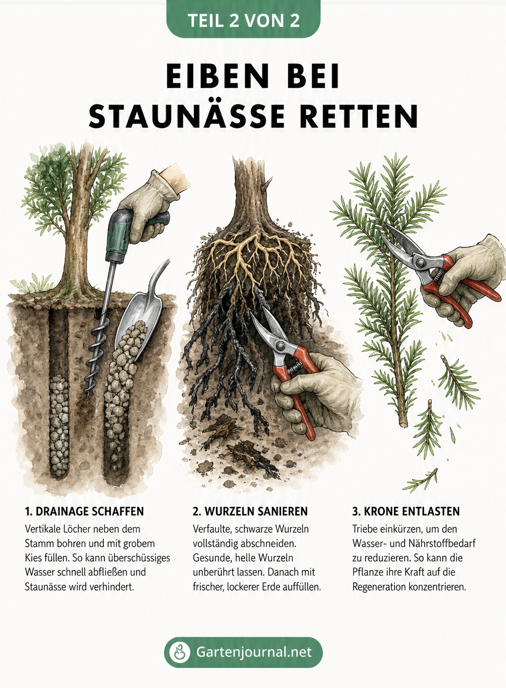 Illustration von drei Rettungsmaßnahmen bei Staunässe: Vertikale Drainage bohren, verfaulte Wurzeln abschneiden und Krone einkürzen.