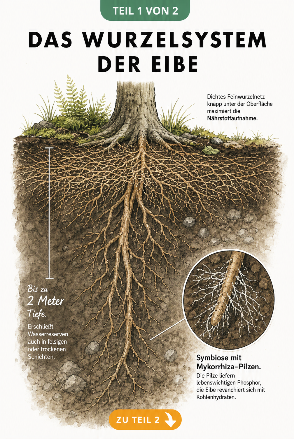 Botanische Querschnitt-Illustration des Wurzelsystems einer Eibe mit dichtem Feinwurzelnetz, tiefen Hauptwurzeln und Mykorrhiza-Pilz-Symbiose