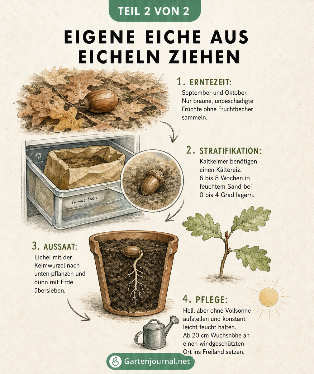 Botanische Illustration zur Anzucht einer Eiche aus einer Eichel mit Stratifikation und Aussaat
