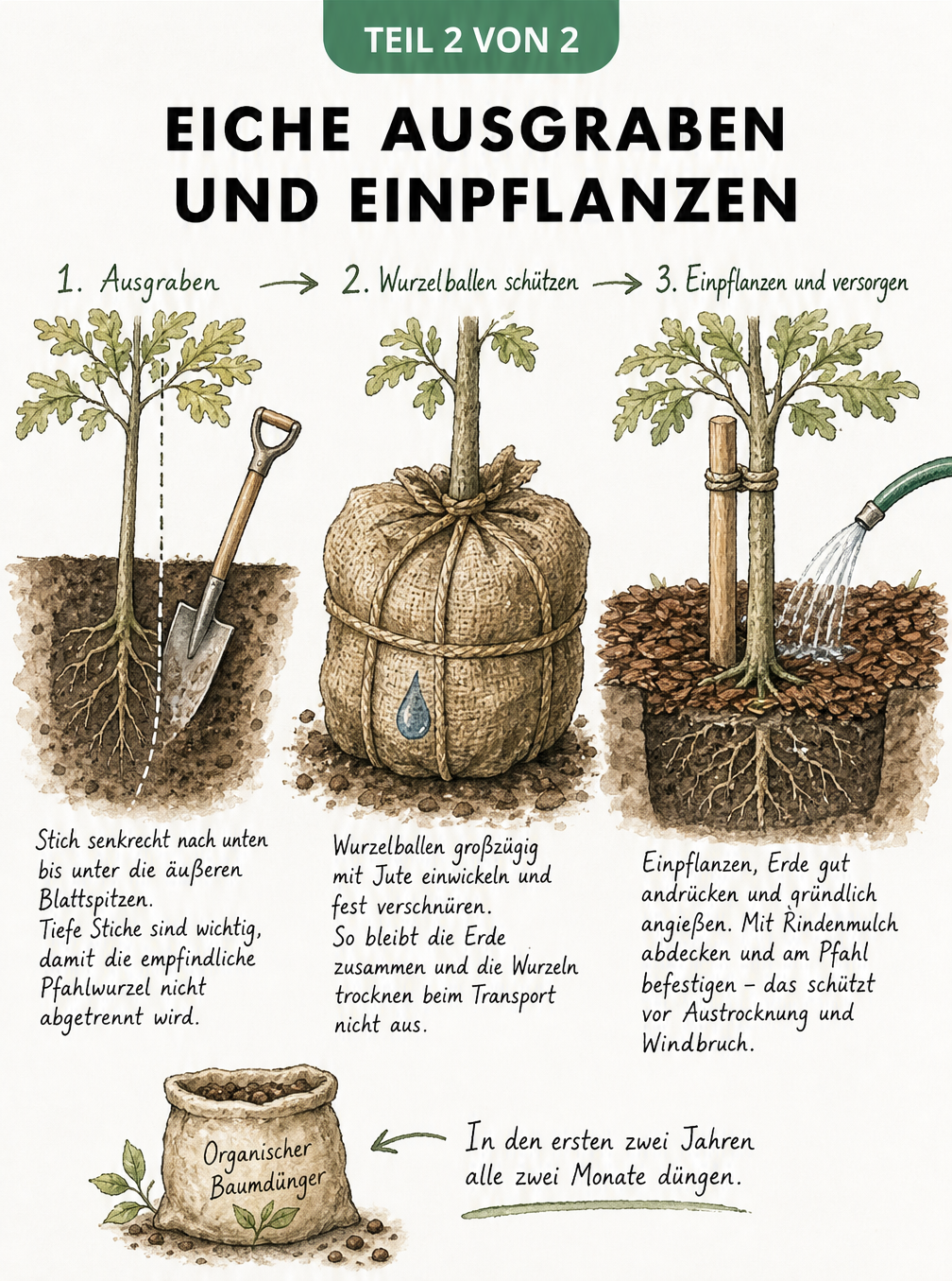 Skizze zum Ausgraben, Transportieren und Einpflanzen einer Eiche mit Pfahlwurzel