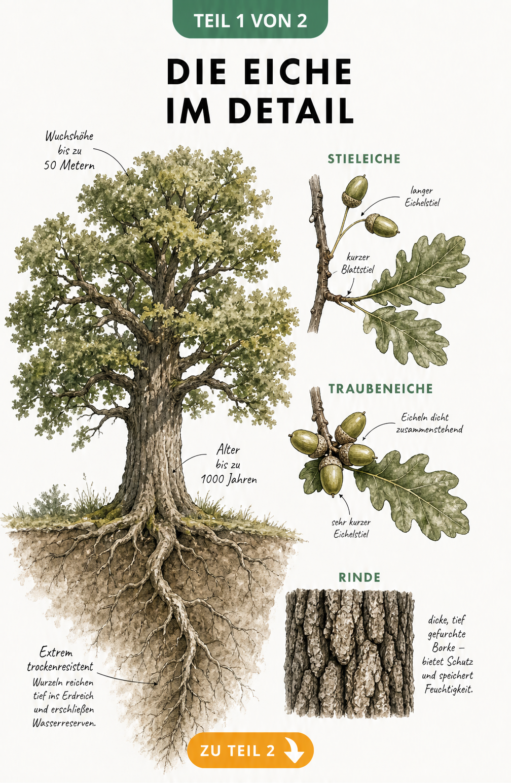 Botanische Illustration einer Eiche mit Wurzelwerk, Wuchshöhe und Alter sowie Gegenüberstellung von Stieleiche und Traubeneiche