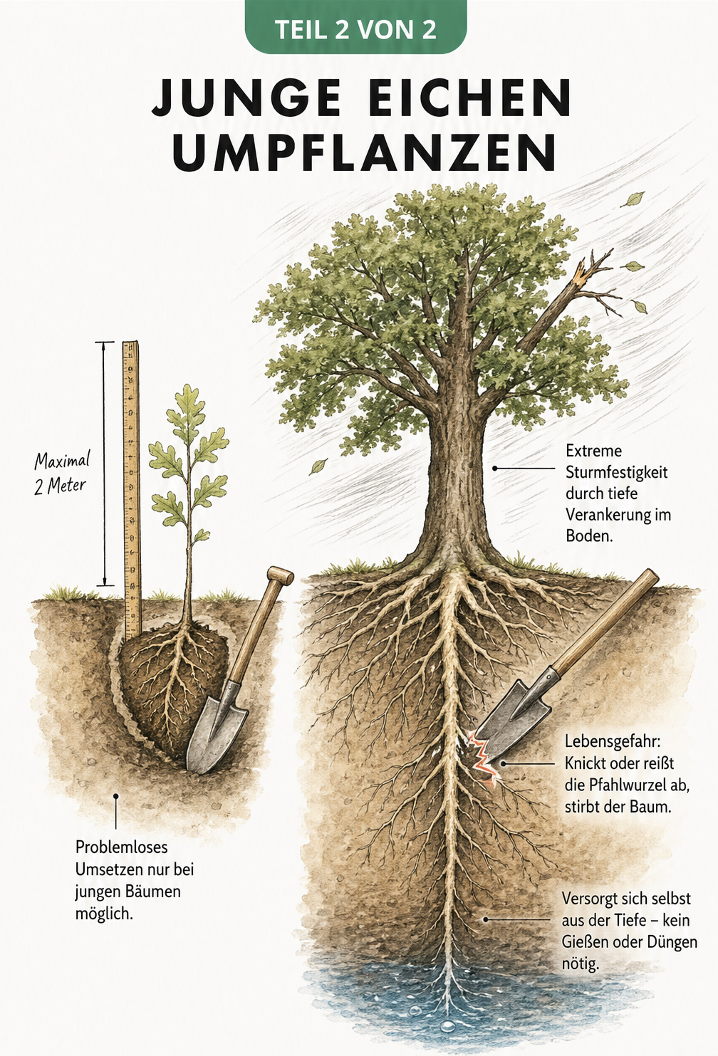 Illustration zum Umpflanzen von Eichen: Junge Eiche mit intakter Wurzel vs. große Eiche mit durchtrennter Pfahlwurzel