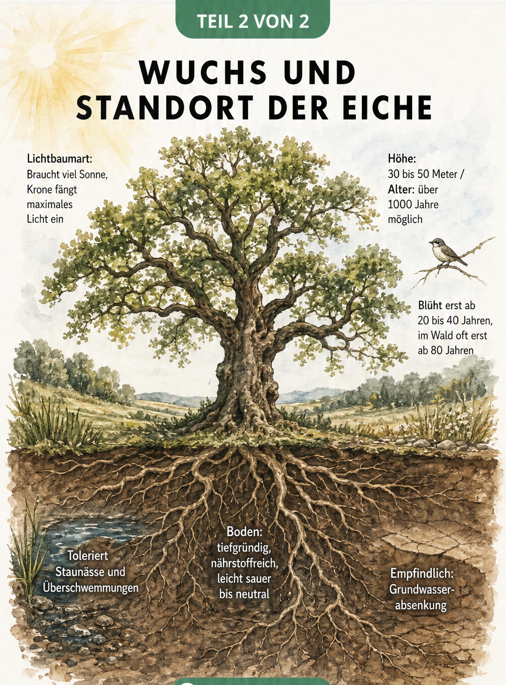 Landschaftsquerschnitt einer alten Eiche mit Darstellung von Krone, Wurzeln und Standortbedingungen