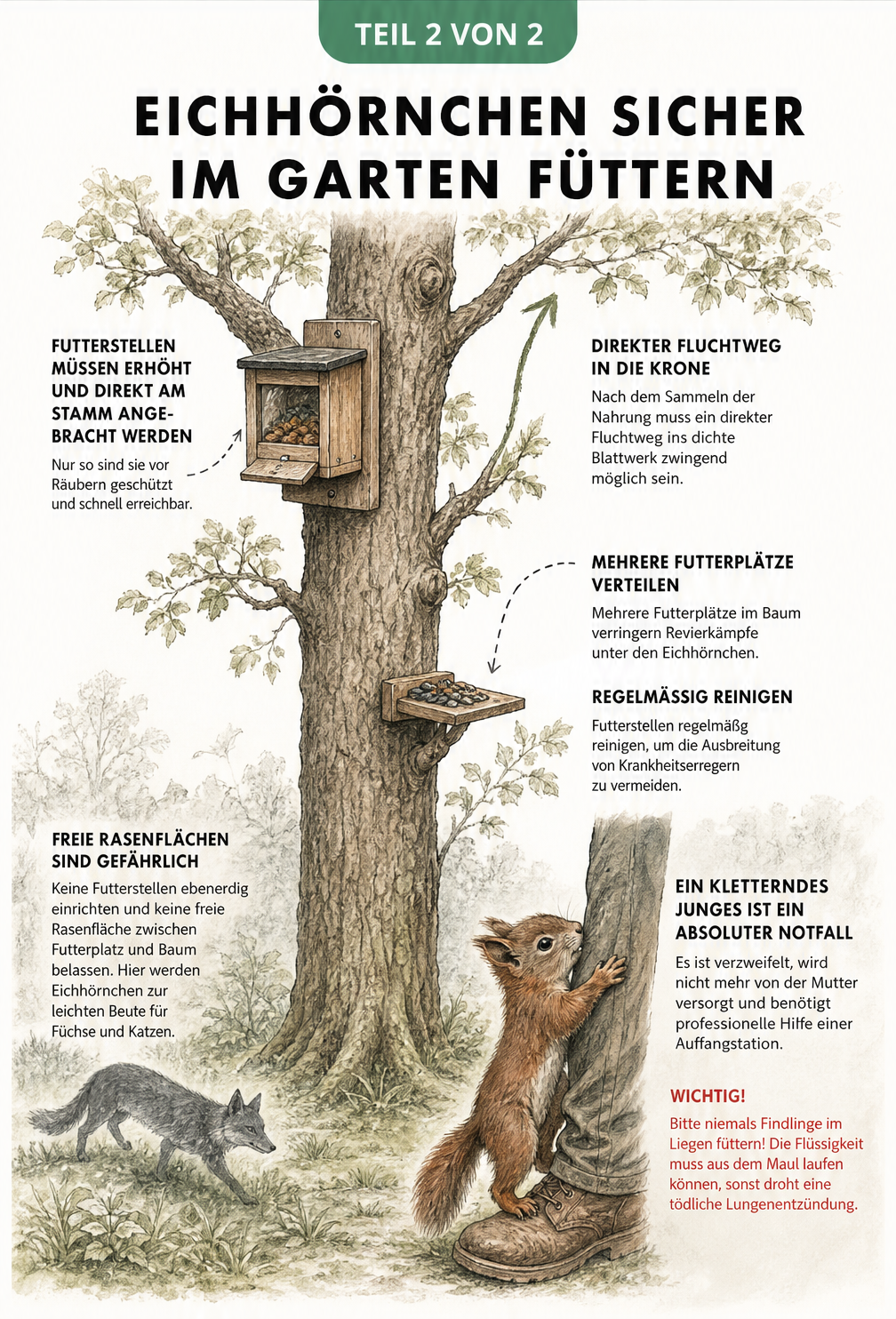 Querschnitt eines Baumes mit einem Futterhaus für Eichhörnchen in der Krone, einem Fluchtweg und der Warnung vor ebenerdigen Futterstellen wegen Raubtieren.