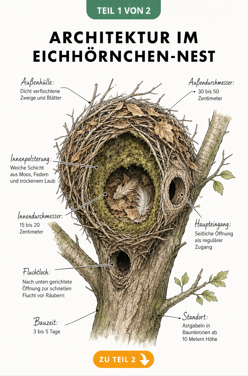 Querschnitt-Illustration eines natürlichen Eichhörnchen-Kobels in einer Astgabel mit Details zu Aufbau und Maßen
