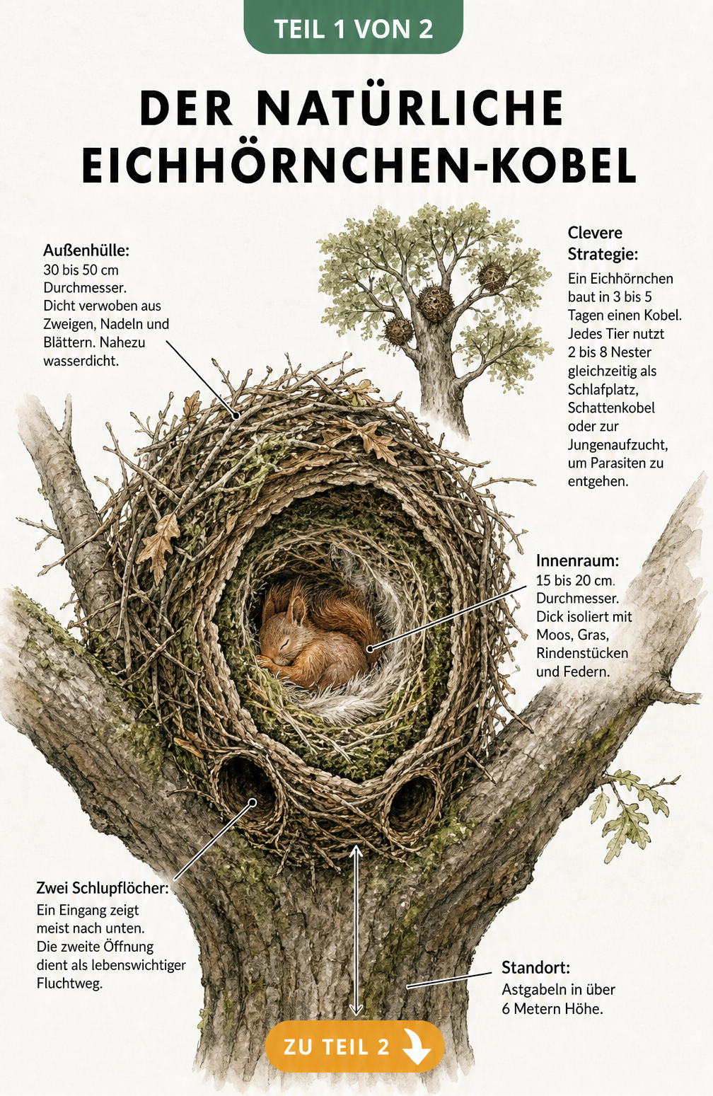 Querschnitt eines natürlichen Eichhörnchen-Kobels in einer Astgabel mit zwei Schlupflöchern und dicker Isolierung