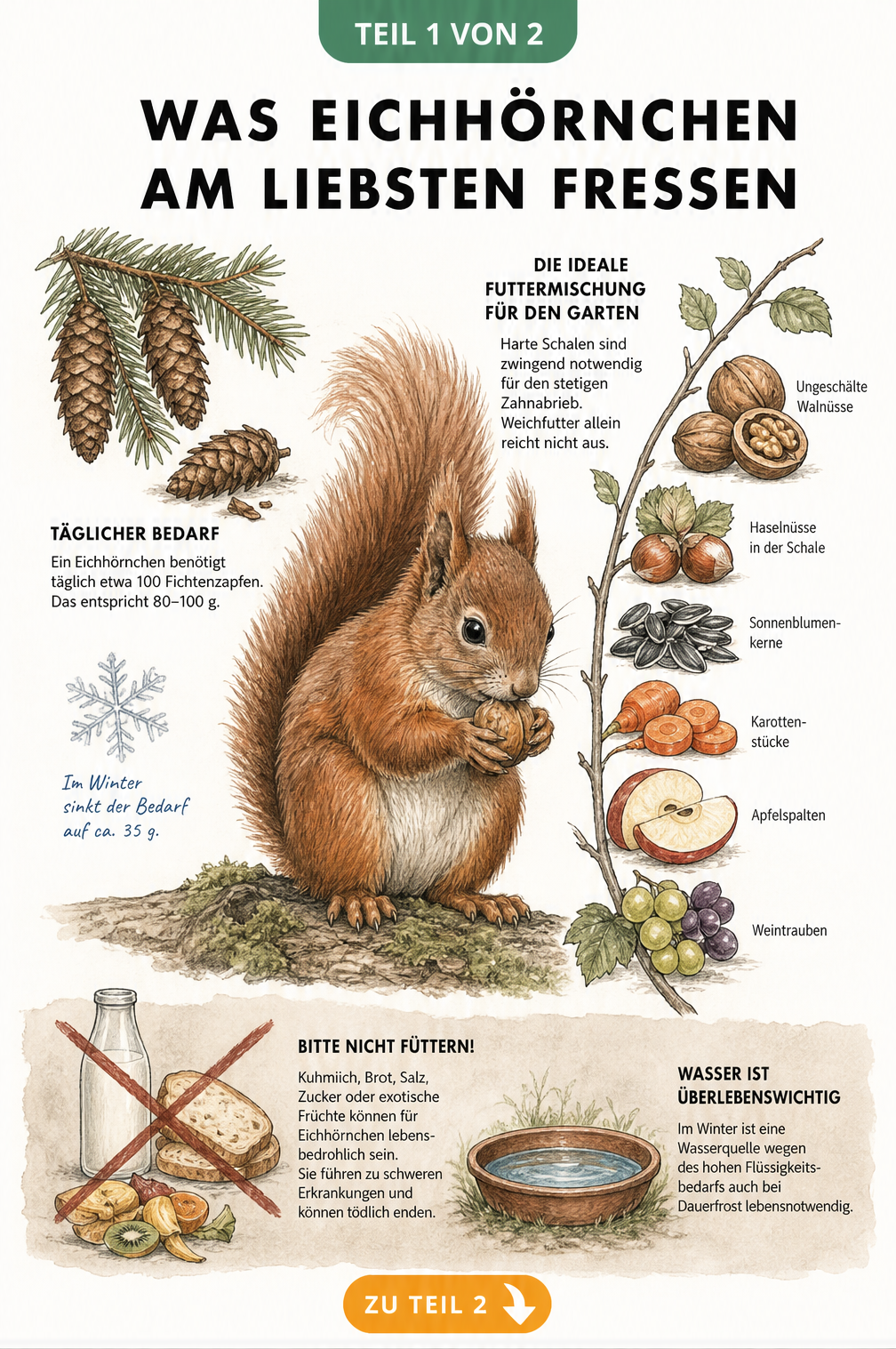 Illustration eines Eichhörnchens mit seiner natürlichen Nahrung wie Fichtenzapfen, Nüssen und Sonnenblumenkernen sowie verbotenen Lebensmitteln wie Brot und...