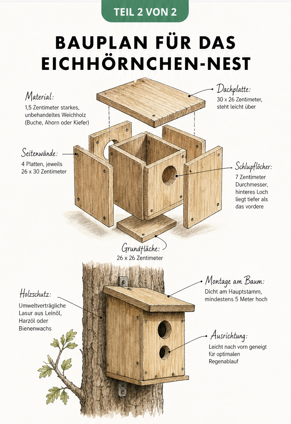 Handgezeichnete Skizze eines hölzernen Nistkastens für Eichhörnchen mit Maßangaben und Montagehinweisen