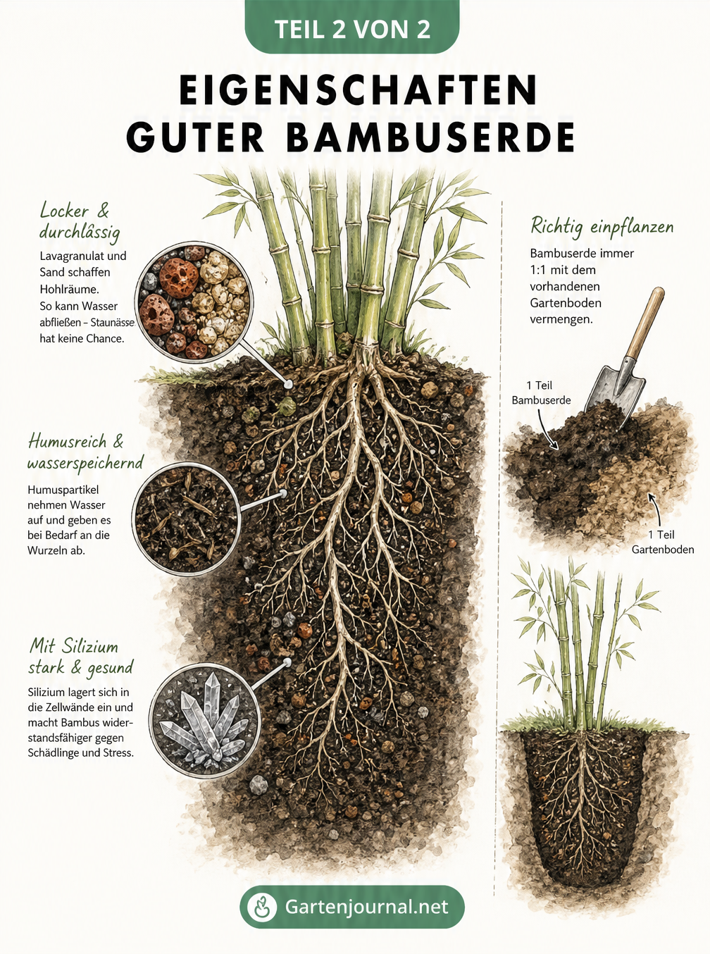 Querschnitt durch den Boden mit Bambuswurzeln, der die Eigenschaften wie Drainage und Humusanteil zeigt