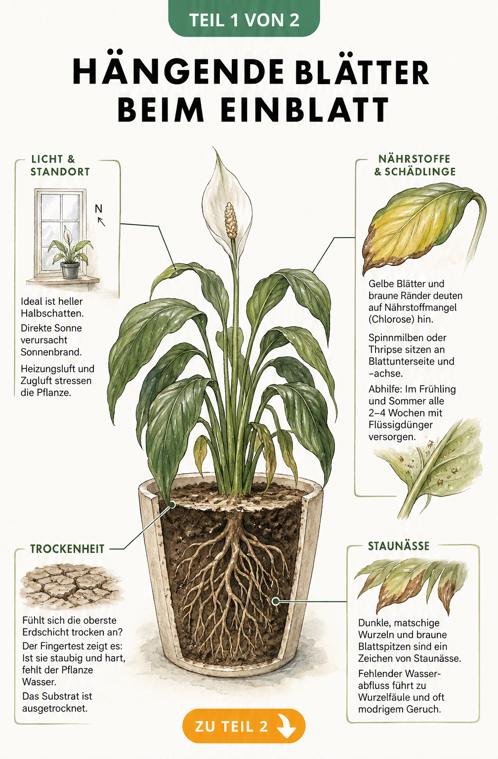 Botanische Illustration eines Einblatts mit hängenden Blättern, die Ursachen wie falscher Standort, Nährstoffmangel, Trockenheit und Staunässe zeigt.