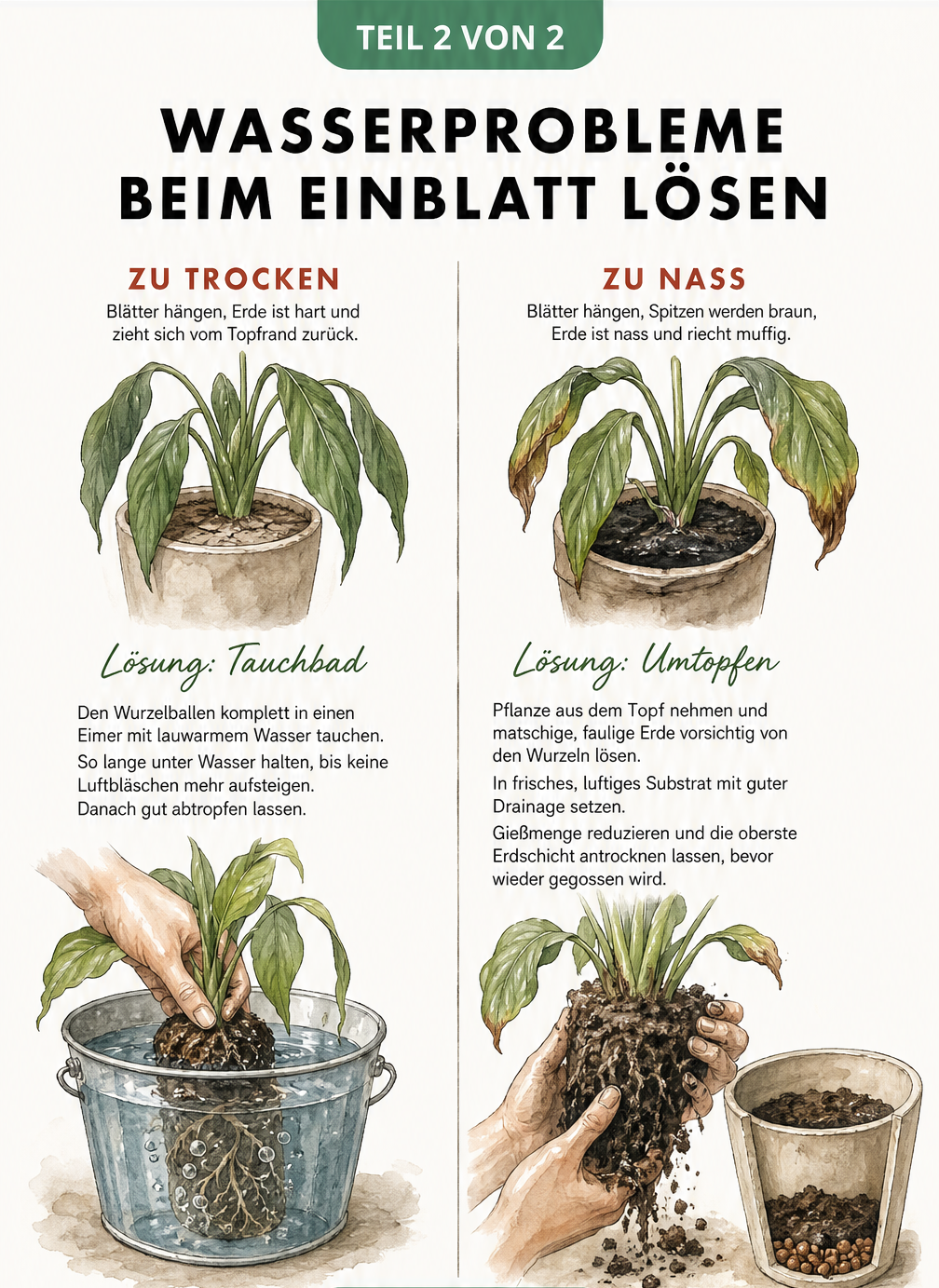 Illustration zur Rettung eines Einblatts: Tauchbad bei Trockenheit und Umtopfen bei Staunässe.
