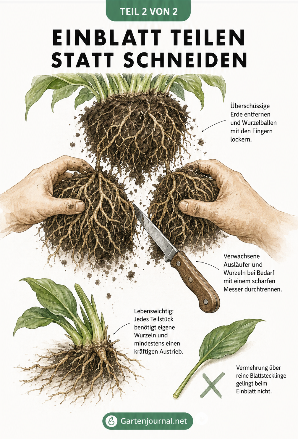 Illustration zur Teilung eines Einblatts: Wurzelballen lockern, verwachsene Wurzeln mit einem Messer durchtrennen und Teilstücke mit eigenen Wurzeln...
