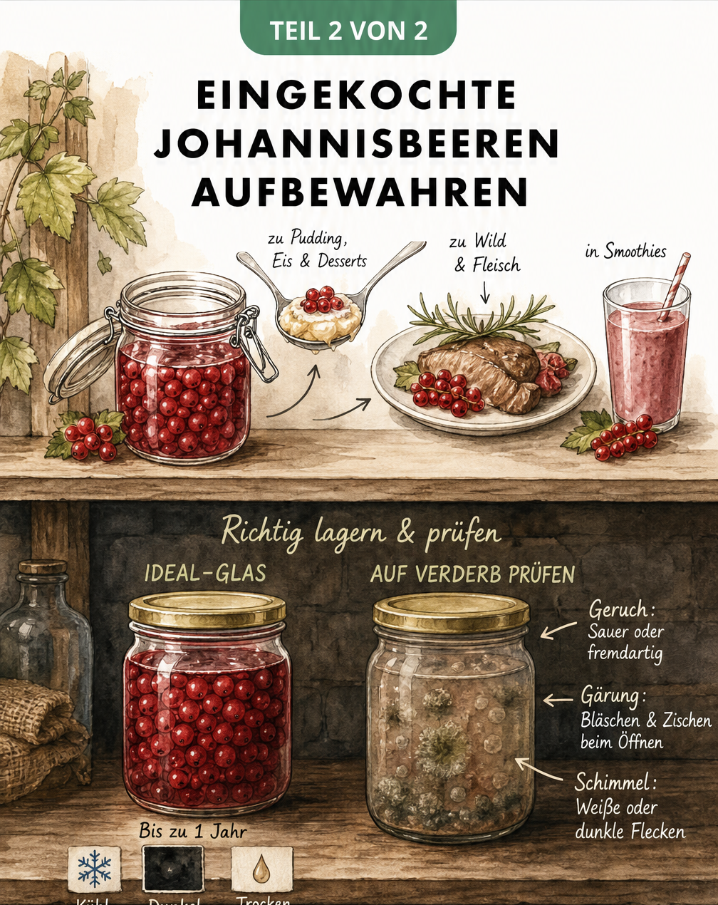 Illustration zur Aufbewahrung von eingekochten Johannisbeeren im Regal und Keller sowie Hinweise zur Haltbarkeit