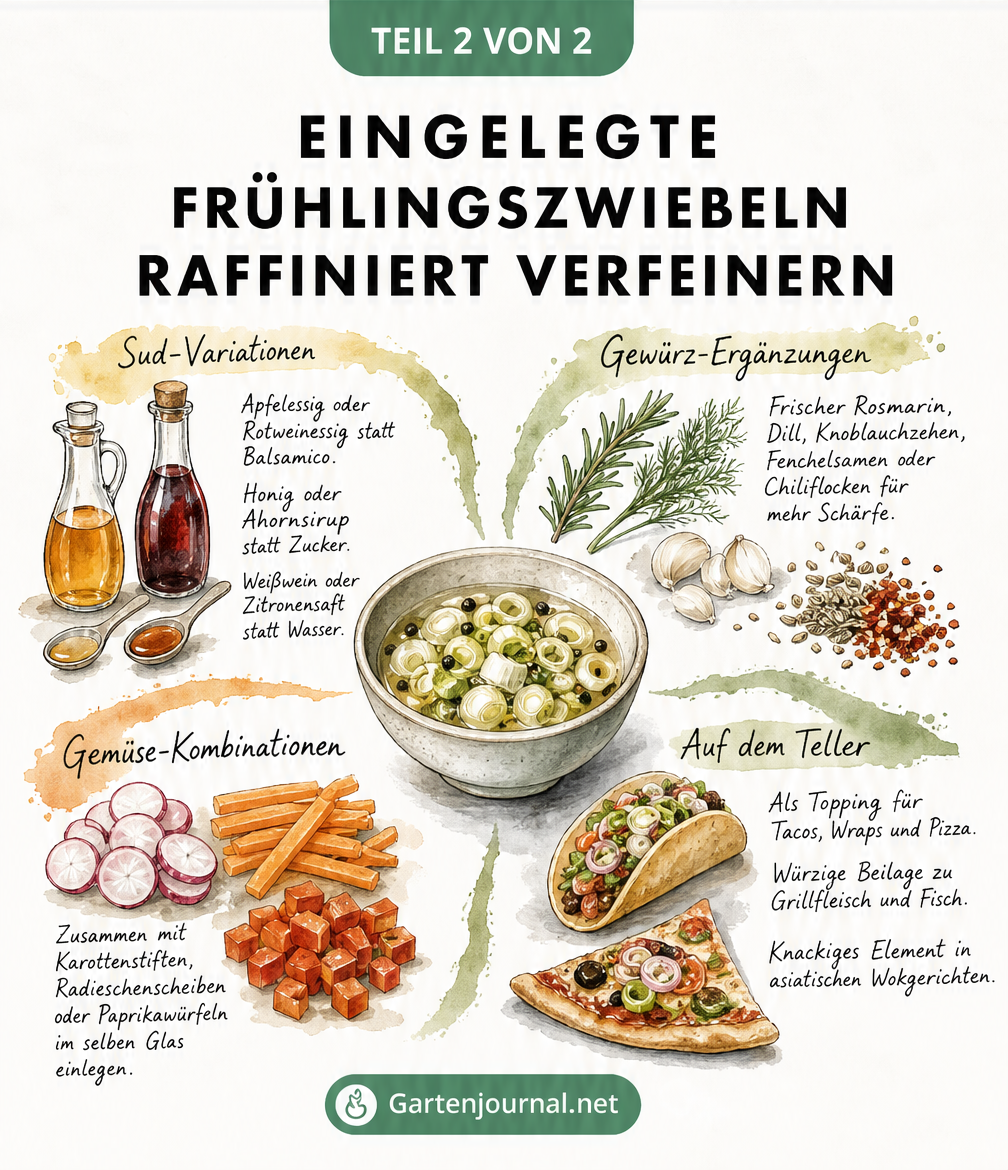 Skizzenhafte Darstellung von Variationen für eingelegte Frühlingszwiebeln mit Gewürzen und Gemüsekombinationen