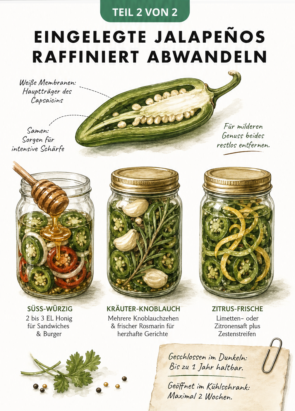 Drei Einmachgläser mit verschiedenen Jalapeño-Variationen: süß-würzig mit Honig, Kräuter-Knoblauch und Zitrus-Frische