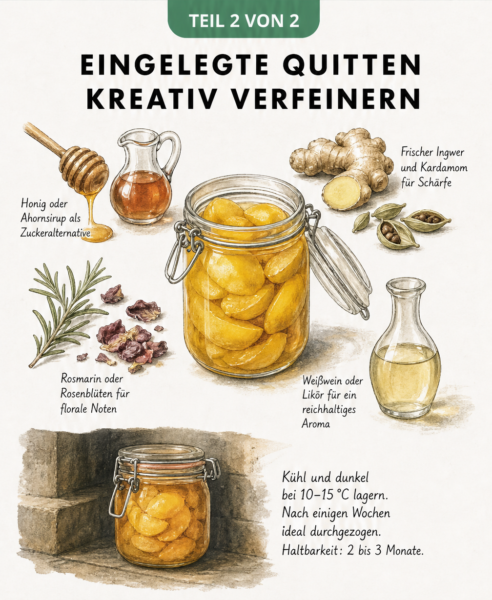 Illustration eines Einmachglases mit Quittenspalten, umgeben von Zutaten zur Verfeinerung: Honig, Ingwer, Kardamom, Rosmarin, Rosenblüten und Weißwein. Unten...