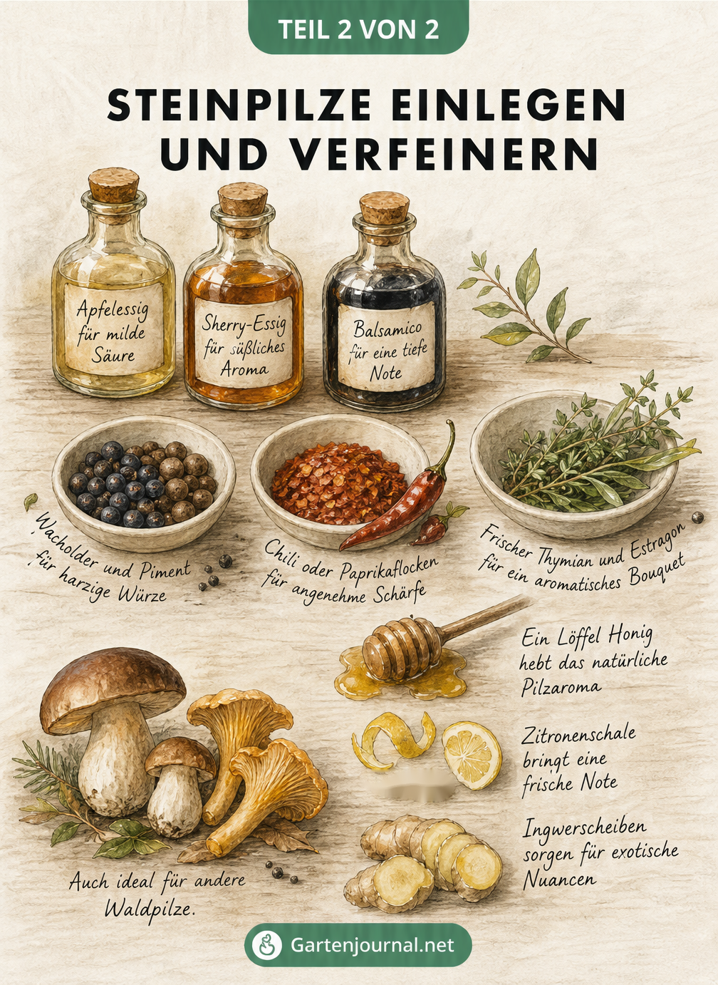 Illustration von verschiedenen Essigsorten, Gewürzen und Kräutern zum Verfeinern von eingelegten Steinpilzen