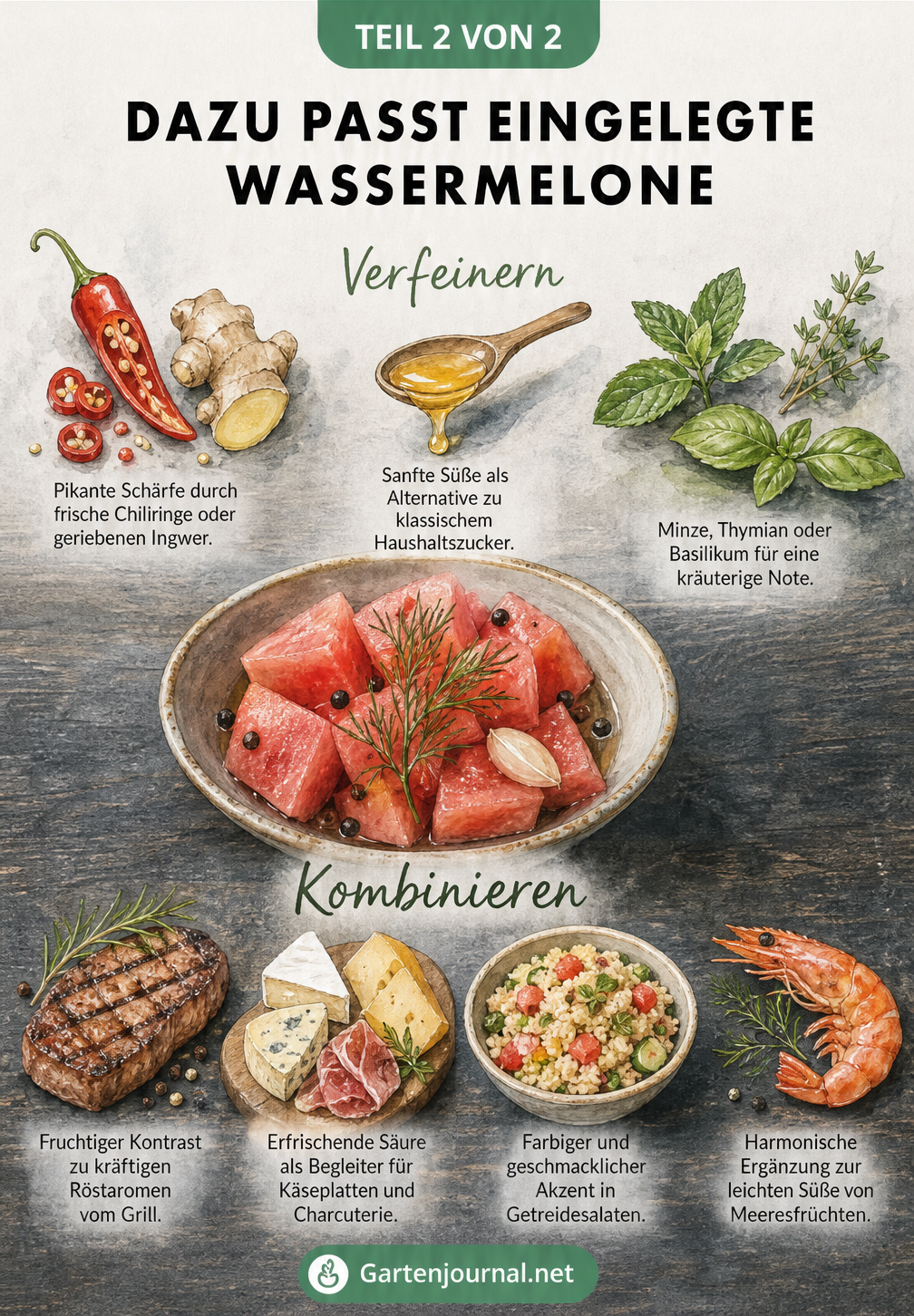 Flatlay-Illustration von eingelegter Wassermelone mit Zutaten zum Verfeinern wie Chili und Honig sowie passenden Gerichten wie Grillfleisch und Käse