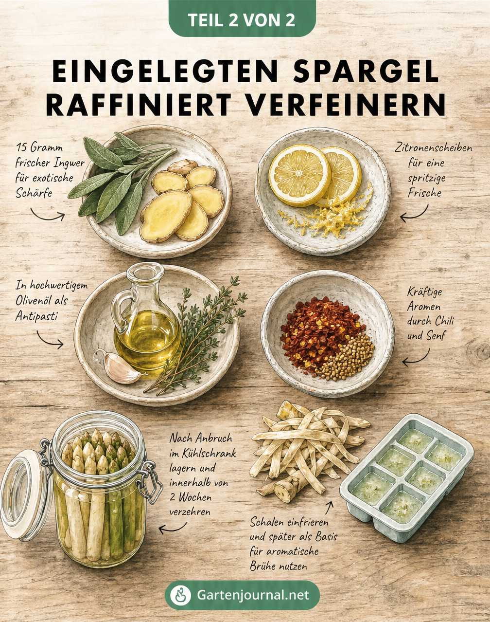 Illustration verschiedener Zutaten zum Verfeinern von eingelegtem Spargel, darunter Ingwer, Zitrone, Olivenöl mit Kräutern sowie Chili und Senfkörner.
