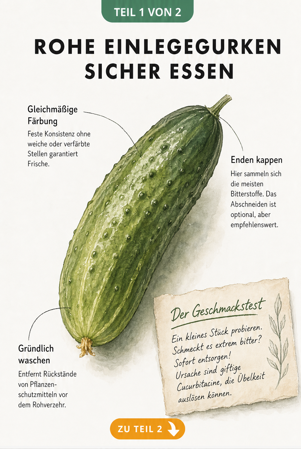 Botanische Illustration einer Einlegegurke mit Hinweisen zu Frische, Waschen, Enden kappen und Geschmackstest auf Bitterstoffe