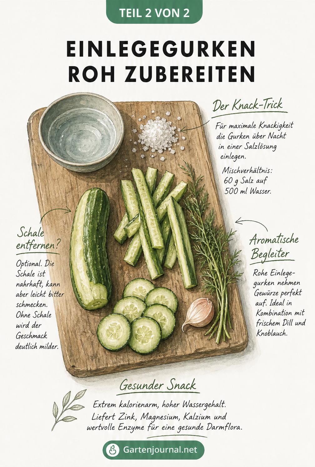 Flatlay-Illustration eines Holzschneidebretts mit Gurkenscheiben, Gurkenstiften, Salz und Dill sowie Tipps zur Zubereitung