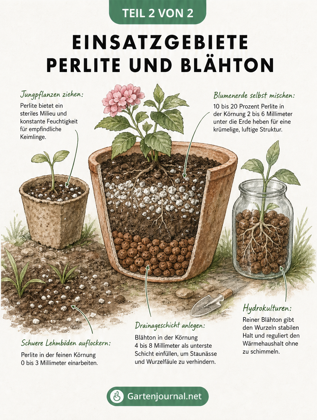 Illustration eines Pflanzkübels und Gartenbodens mit den Einsatzgebieten von Perlite und Blähton