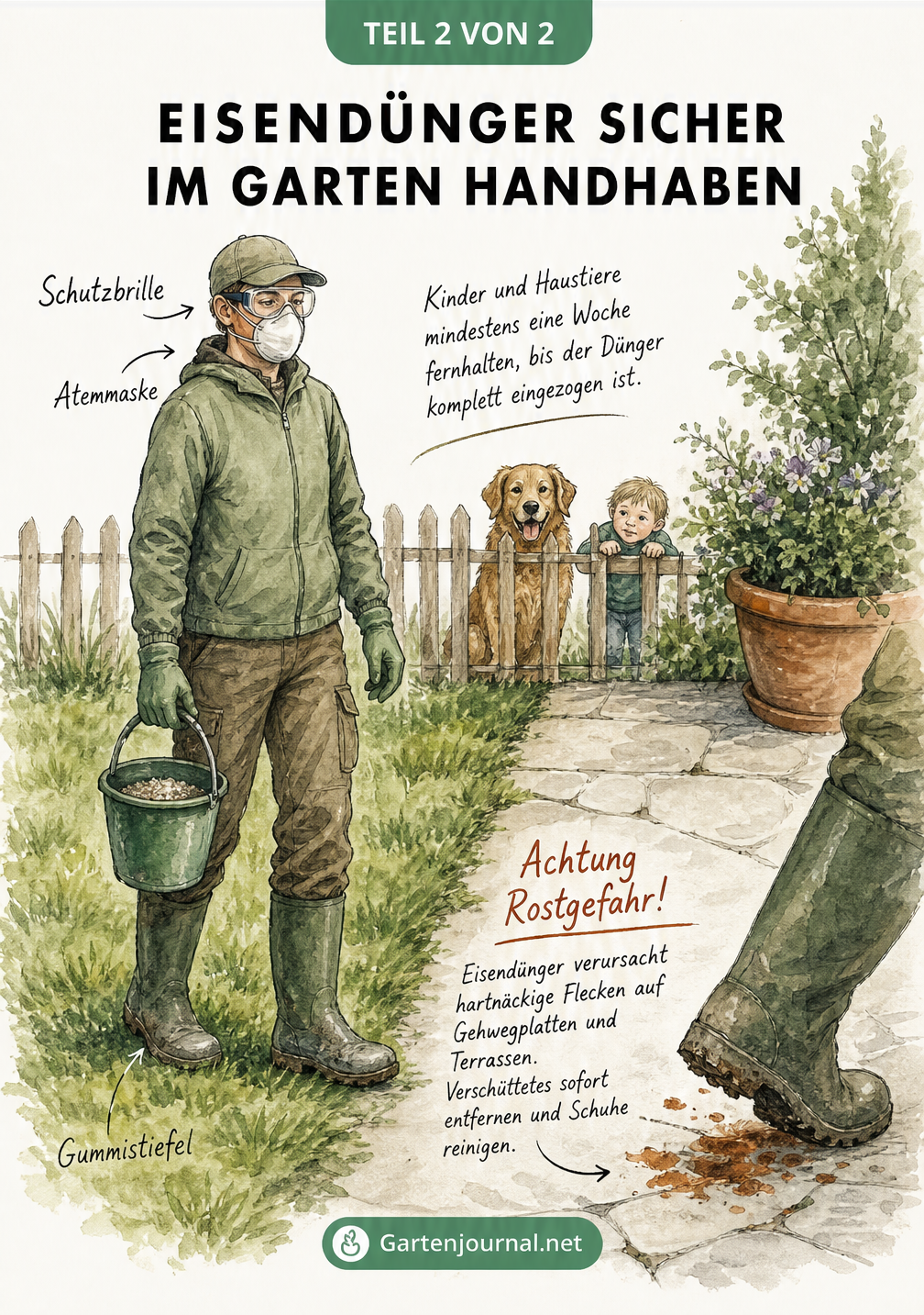 Illustration eines Gärtners mit Schutzkleidung beim Ausbringen von Eisendünger, mit Warnhinweisen zu Kindern, Haustieren und Rostflecken