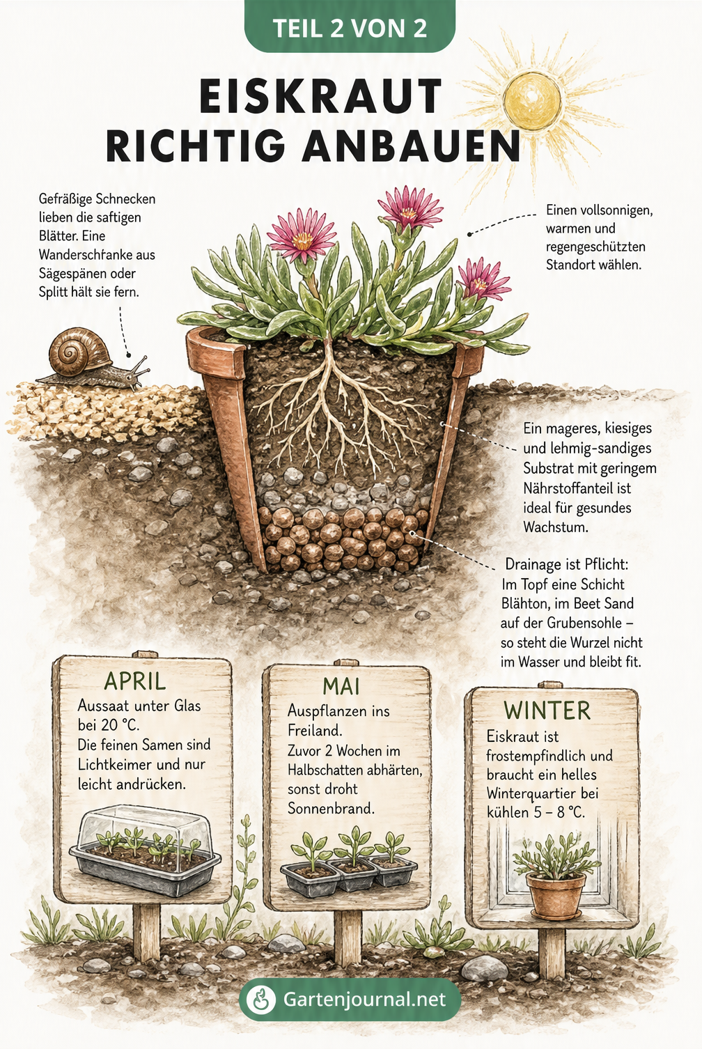 Skizze zum Anbau von Eiskraut, die den Bodenaufbau im Topf mit Drainageschicht, einen sonnigen Standort, Schneckenschutz und Pflanzschilder für die Aussaat...
