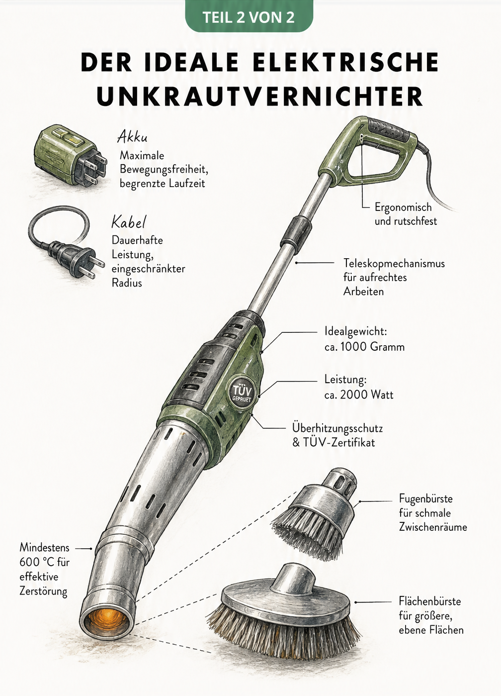 Anatomische Risszeichnung eines elektrischen Unkrautvernichters mit Hinweisen zu Ergonomie, Leistung von 2000 Watt, Gewicht und verschiedenen Aufsätzen wie...