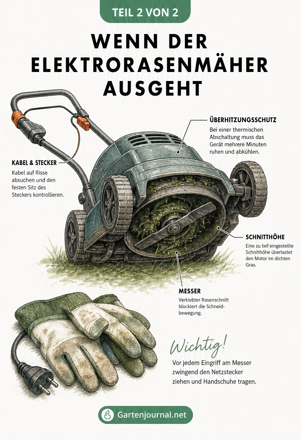 Illustration eines Elektrorasenmähers von unten mit Hinweisen zu Kabel, Überhitzungsschutz, Schnitthöhe und Messer