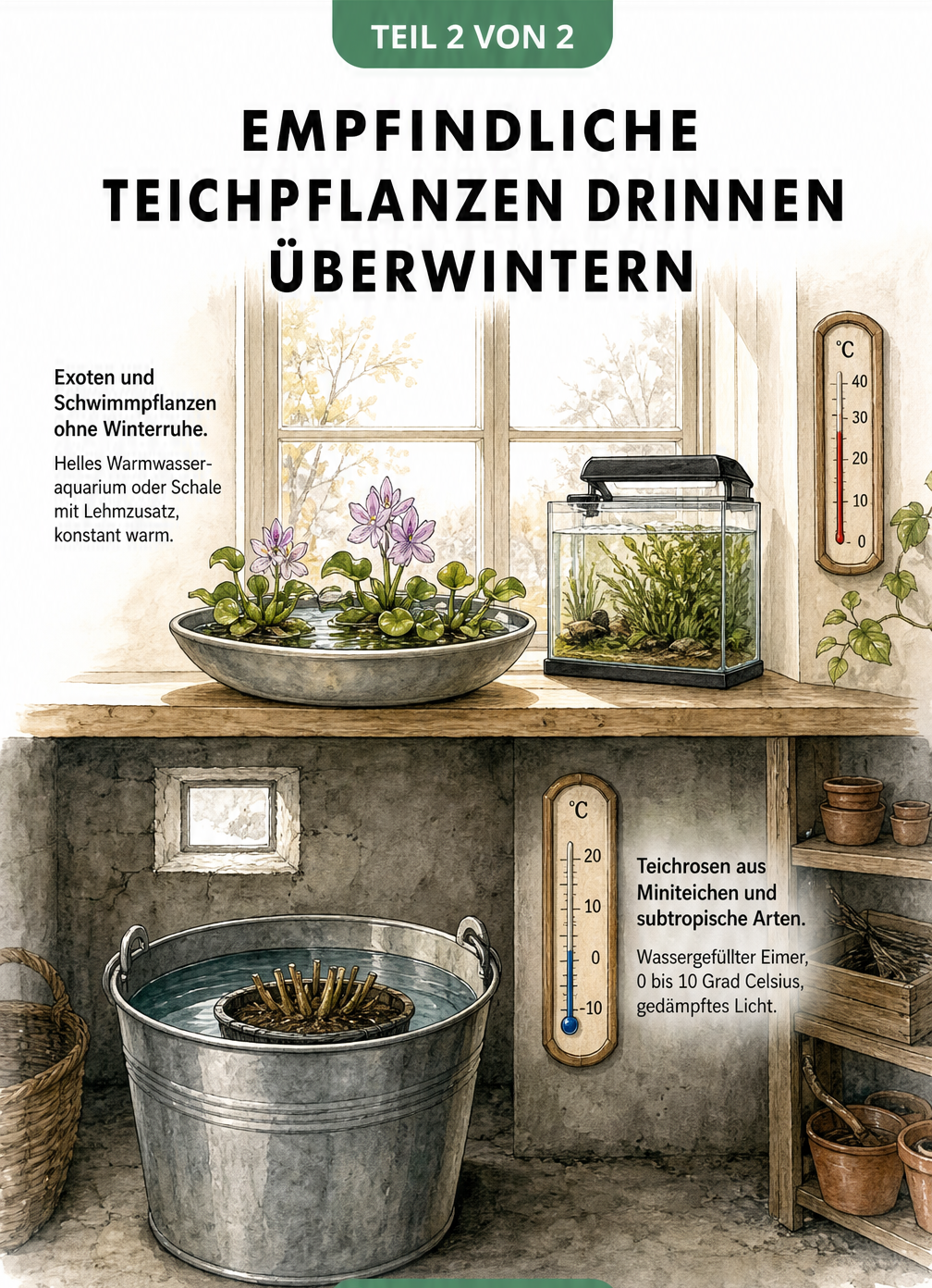 Querschnitt eines Hauses mit Teichpflanzen im kühlen Keller und exotischen Schwimmpflanzen im warmen Wohnraum