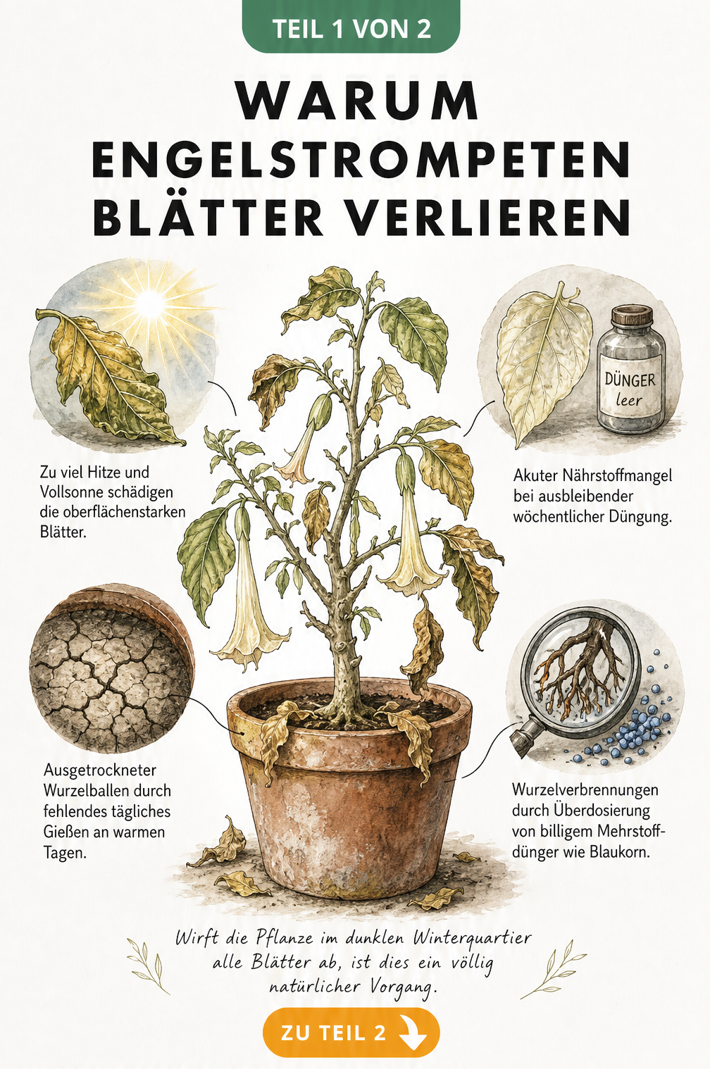 Botanische Illustration einer Engelstrompete im Kübel, die welke Blätter abwirft, mit Detailansichten zu Hitze, Trockenheit, Nährstoffmangel und...