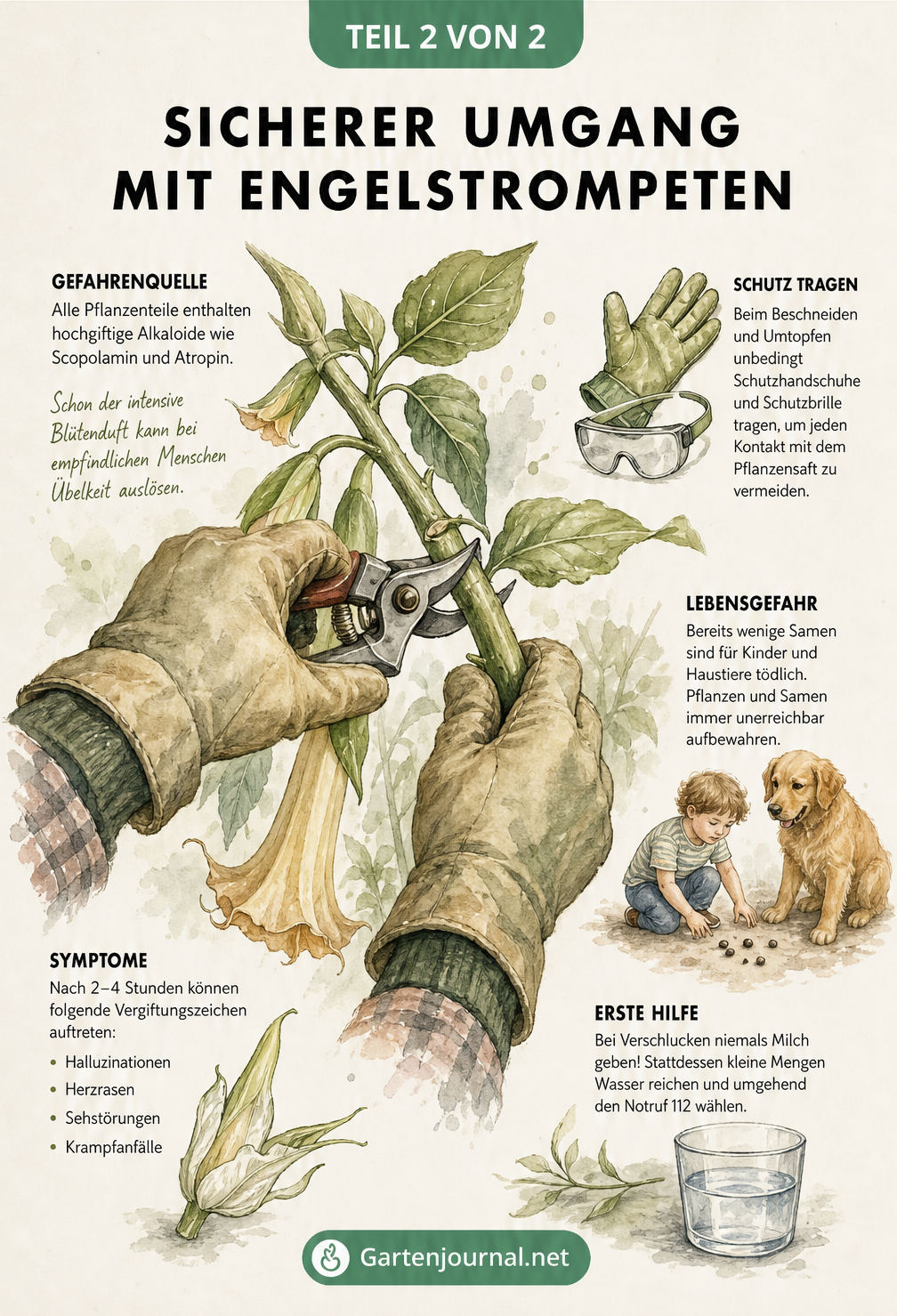 Illustration von Händen mit Gartenhandschuhen beim Schneiden einer Engelstrompete mit Warnhinweisen zu Giftigkeit und Erster Hilfe