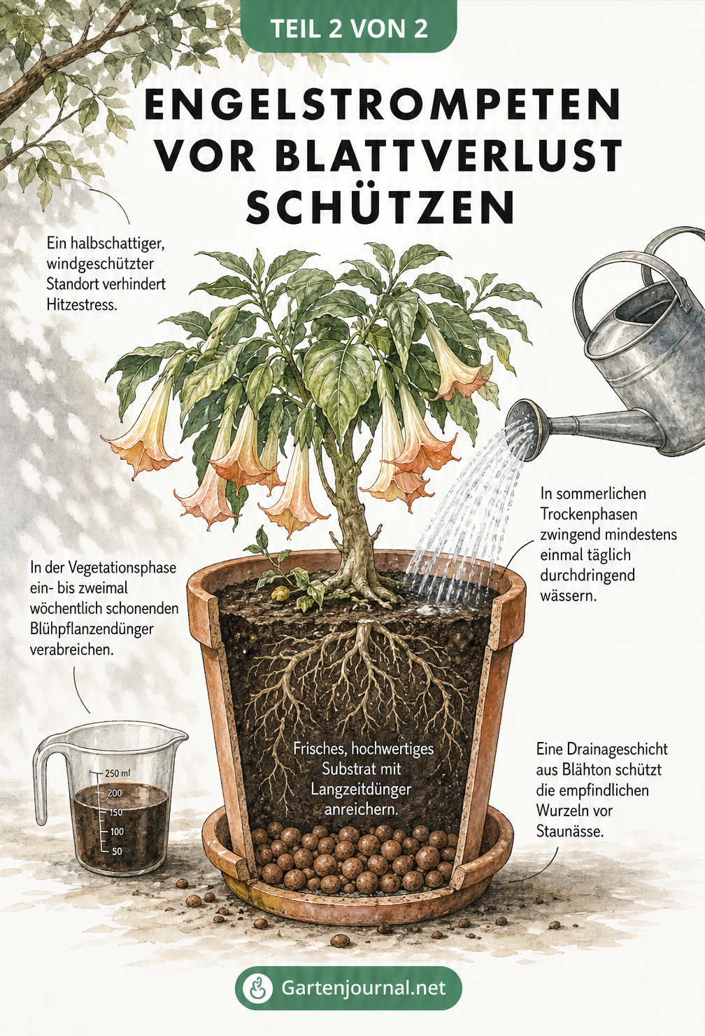 Querschnitt eines bepflanzten Terracotta-Kübels mit einer gesunden Engelstrompete, der ideale Bedingungen wie Halbschatten, Bewässerung, Substrat und Drainage...