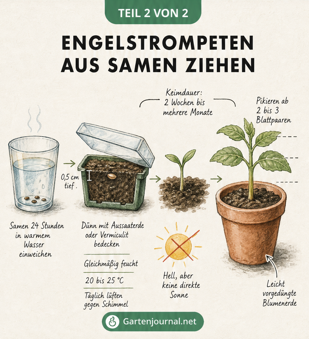 Aquarell-Illustration zur Aussaat von Engelstrompeten, die das Einweichen der Samen, die Aussaat in Erde, die Keimung und das Pikieren der Jungpflanzen...